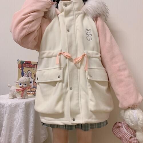 Cute Kawaii Winter Coat Women Bear Embroidery Zip-Up Drawstring Warm Female Fur Hooded Parka Sweet Soft Girl Loose Cotton Jacket