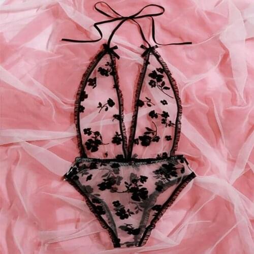 Fashion Hot Black Lace Embroidered Sling One-Piece Sexy Pajamas See-Through Mesh European And American Sexy Lingerie