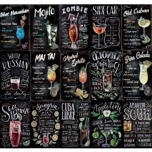 Mojito Margarita Pina Colada Cocktail Vintage Pub Metal Tin Sign Plaque Wall Decor Bar Pub Club Man Cave Retro Iron Posters