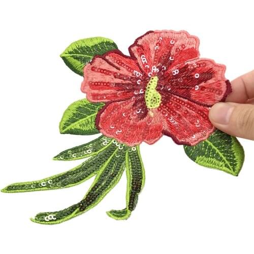 12pc Hibiscus Embroidery Patch Sequin Beaded Patches For Clothing Flower Sticker Embroidered Appliques Iron On Parches AC1578