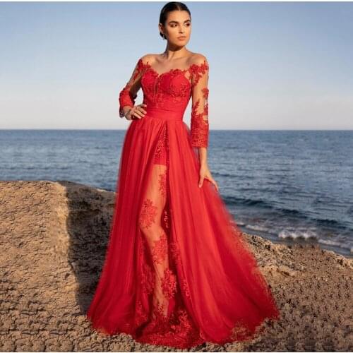 New Arrival Red Evening Dress Long Sleeves Scoop Neck Appliques A Line Lace Tulle Prom Dresses Split Formal Gowns