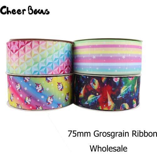 Wholesale Colorful Printed Grosgrain Ribbons 75mm Width 50Y 100Y Single Face Cita Polyester Wedding Decor Party Grosgrain Ribbon