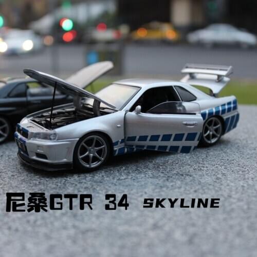 JACKIEKIM 1:32 Scale DieCast Metal Toy Nissan GTR 34 Sound & Light Doors Openable Pull Back Educational Collection Gift For Kid