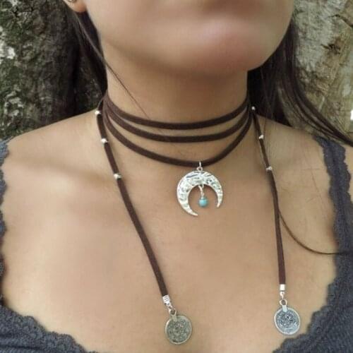 Boho Wrap Necklace Boho Choker Necklace Brown Turquoise Suede Necklace Crescent Moon Necklace