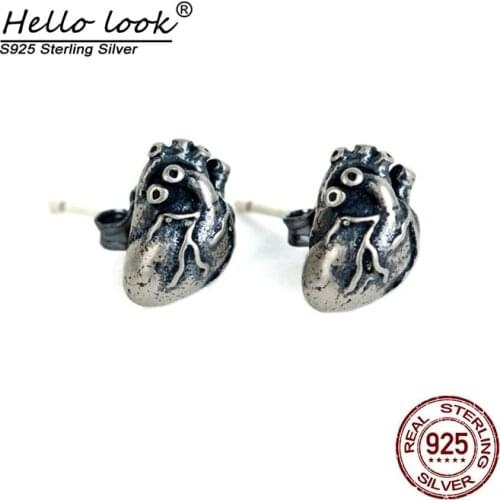 HelloLook 925 Sterling Silver Heart Stud Earrings Gothic Unusual Earring for Men Unisex Jewelry
