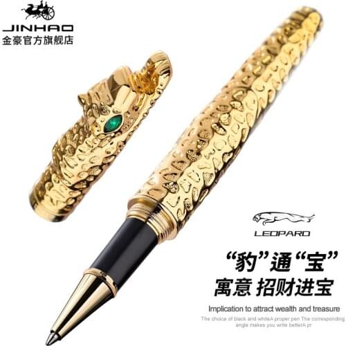 JINHAO Rollerball Pen Vintage All Metal Ancient Silver Leopard Luxury Green Crystal Eyes Practice Pen Office Supplies 2 Colors