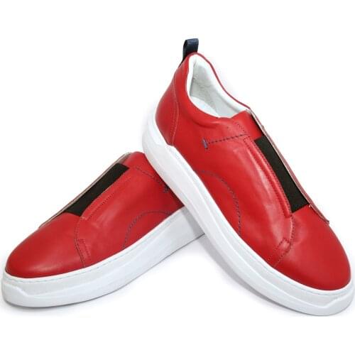 Handmade Sport Slip On Laceless Sport Shoes with Real Calf Leather, Red White Black,Lightweight EVA Sole, Mens Comfort Sneakers