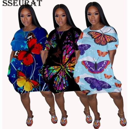 SSEURAT Women Butterfly Print Short Sleeve Midi Dress Sexy Party Club Bandage Dresses Vestidos