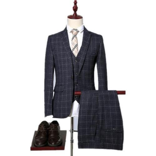 2019 Spring Men Suits Fashion Grid Stripe Mens Slim Fit Business Wedding Suits Men tuxedos (Jacket+Vest+Pants) costume homme