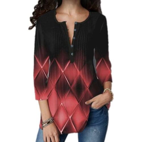 Summer Ladies Gradient Color Shirt O-Neck Printed Net Yarn Top Casual Ladies Button Clothing Soft Loose Sleeve Button T-shirt