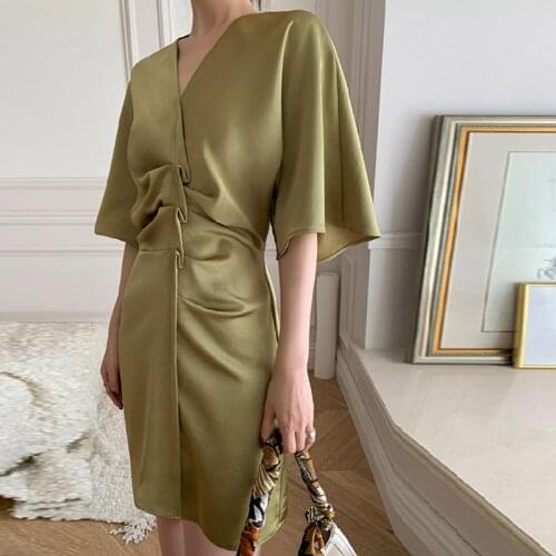 Women High Waist Sexy Dress Fashion V Neck Folds Elegant Party Dresses Summer Mini Dress Female Slim Short Sleeve Vestidos 2021