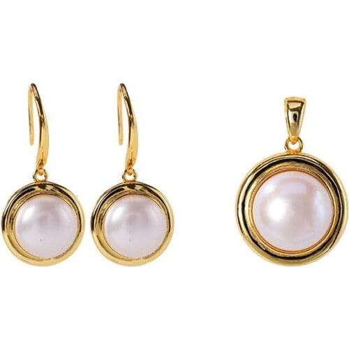 S925 sterling silver gold-plated natural pearl retro personality minimalism ladies' pendant earrings eardrops set