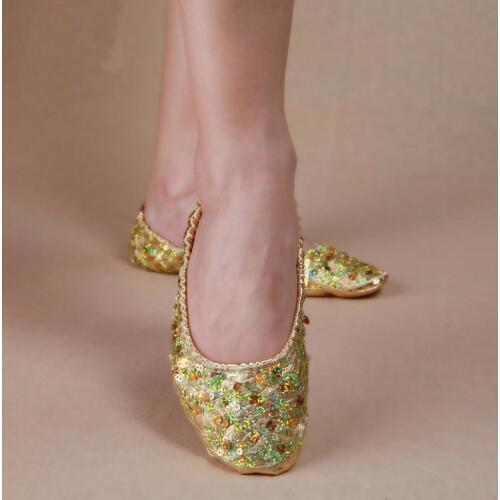 Adult Soft Gold Silver Sequin Oriental Belly Ballet Dance Shoes for Women Ballerina Gymnastics Foldable Practice Dancing Flats