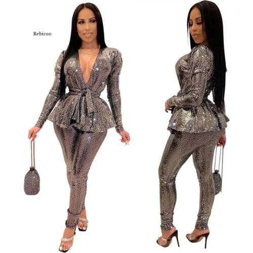 Women 2 Pieces Set Spring Autumn Pant Suit Glittering Fabric Drawstring Blazer + Pant Women Work Clothes 2021 New