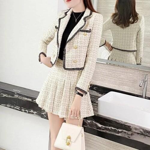 Female Spring Autumn Fashion Temperament College Style Short Tweed Coat Half-Length Pleated Skirt Two-Piece Suits Women Sets