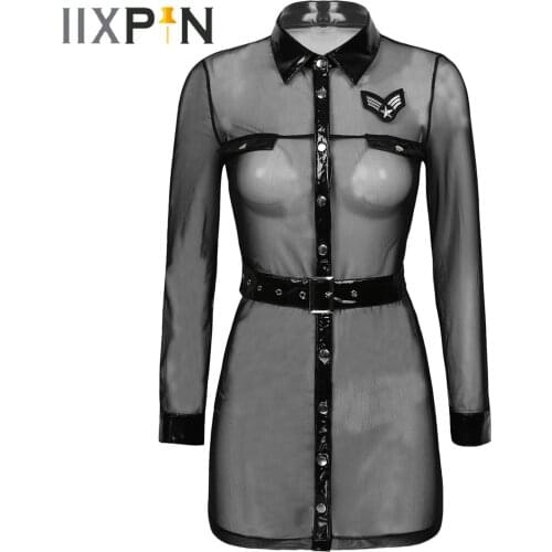 Womens Lingerie Police Sex Cosplay Costume Patent Leather See-through Mesh Mini Dress Blouse Shirt with Belt Night Club Costume