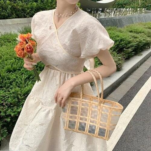 Hstar Women V-Neck Bandage Princess Elegant Sweet Dress Casual Puff Sleeve Party Midi Dress Summer Solid Vintage Fairy Dress