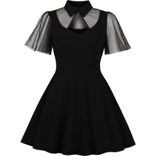 2021 Summer Solid Black Gothic Punk Sundress Vintage Cotton Tulle Party Short Dress Women Casual Short Sleeve Vestidos