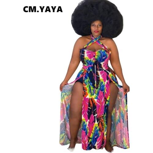CM.YAYA Plus Size Dress Women Print Sleeveless Halter Split Dresses Female Casual High Street Floor-length Dress Summer Fashion