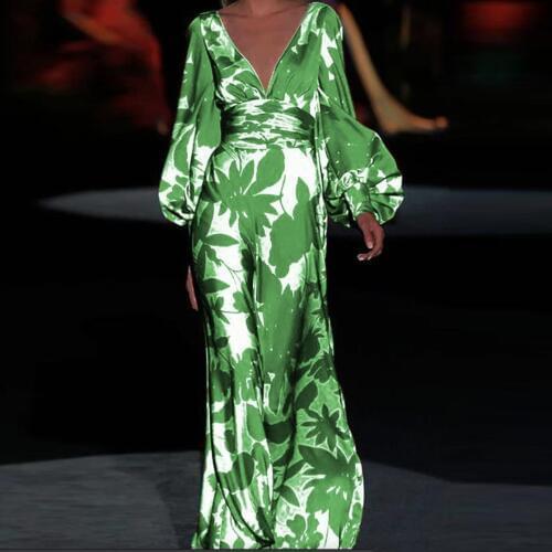 Womens Dress Vintage New High Waist Multicolor V-neck Woman Summer Dresses 2021 Fashion Lantern Sleeve Printed Women Long Dress