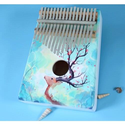 17-Key Deer Painted Mahogany Kalimba Thumb Piano Portable Finger Piano Musical Instrument for Children Adults Beginners