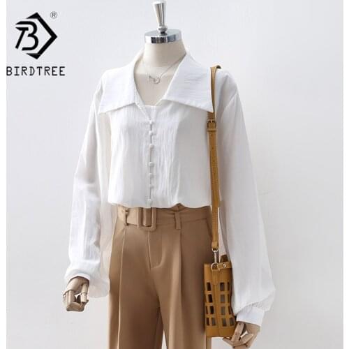 2021 Autumn Women White Shirt Vintage Lantern Sleeve Cotton Blouse V-Neck Elegant Office Wear Lady Fall Spring Basic Tops T1670