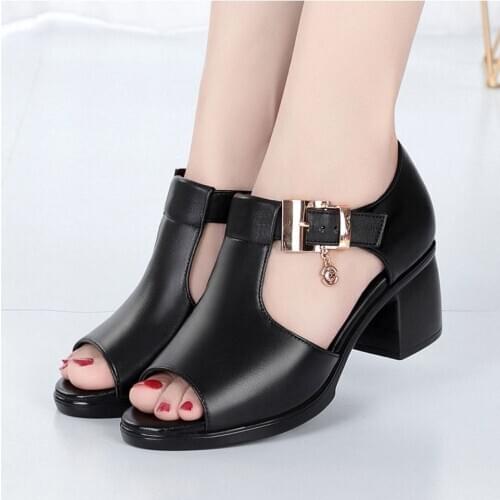 2021 Fish Mouth Sandals Womens Spring and Summer New Roman Thick Heels Versatile Middle-heel Shoes Thick Womens Shoes Mother