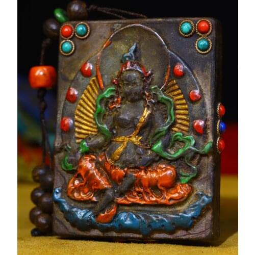 3"Tibet Buddhism Natural meteorite Filigree mosaic Gem Huang Caishen Pendant Amulet Exorcism Ward off evil spirits