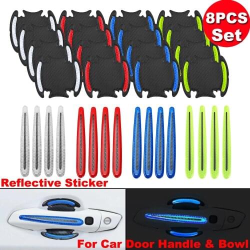 8pcs Universal Car Door Handle Bowl Scratch Protector Carbon Fiber Reflective Stickers Guard Protective Film Warning Strips Tape