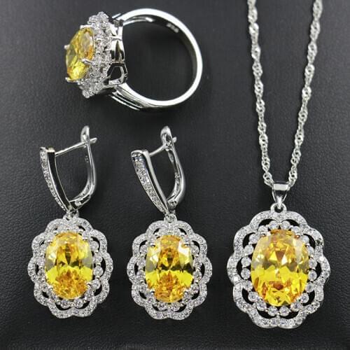 Dubai Style Shiny Yellow Silver Color Jewelry Set For Women Earring Ring Necklace Pendant Best Bridal/Anniversary Gift