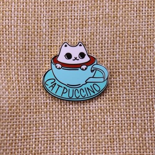 Cat Cappuccino brooch coffe cup enamel pin cute funny cat jewelry