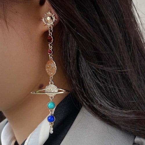 Korean Fashion Planet Long Tassel Drop Earring for Women Crystal Saturn pendant Dangle Earring bohemian Boho jewelry statement
