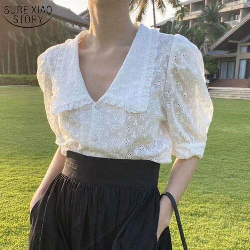 Hollow Flower Lace Blouse Women Summer 2021 Korean Chic Puff Short Sleeve Woman Shirt Peter Pan Collar Solid Loose Tops 13919