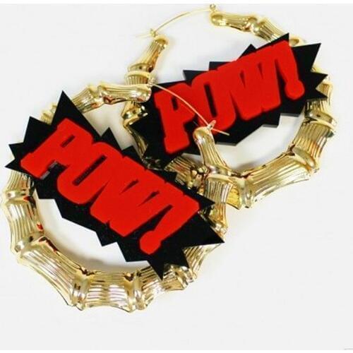 New Punk Red POW Big Bamboo Hoop Earrings For Women Girls Gold Color Large Round Earrings Hip Hop Party Jewelry Accessories Gift