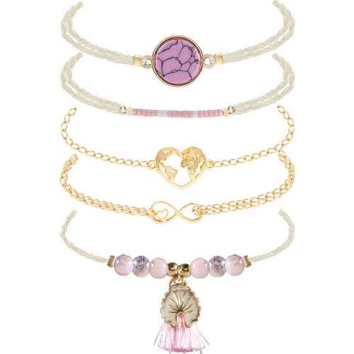 New Lovely Pink Natural Stone Bracelet Set Female Personality Hollow Map Heart Resin Beads Chain Bracelets For Women Jewelry