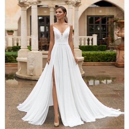 Charming Spaghetti Straps Boho Wedding Gown Side Split Chiffon Bride Dress Sexy Back Lace Beach Bridal Gown вечернее платье