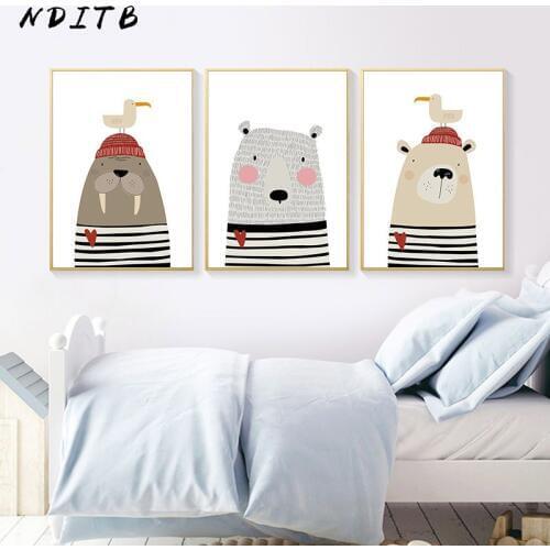 Nursery Canvas Poster Cartoon Animal Print Seal Bear Wall Art Painting Nordic Kids Decoration Picture Baby Bedroom Decor