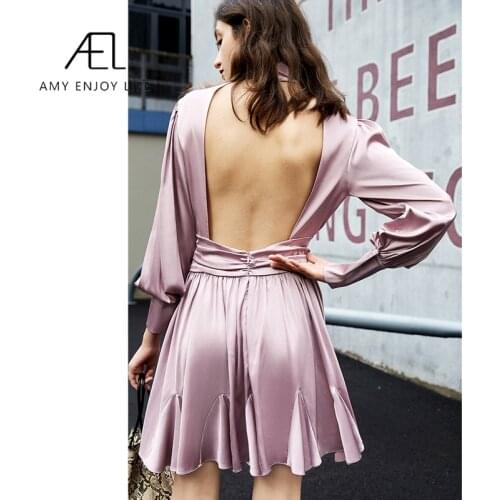 AEL sexy Turtleneck Violet Dress Women Satin Vestidos 2020 fashion Puff Sleeve Backless Vintage style Party Club Dress