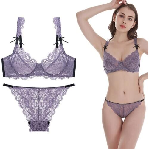 Plus Size Bra Sexy Lace Unlined Underwear Hollow 3/4 Cup Underwire A B C D DD E Cup Bra Set 32 34 36 38 40 42 44