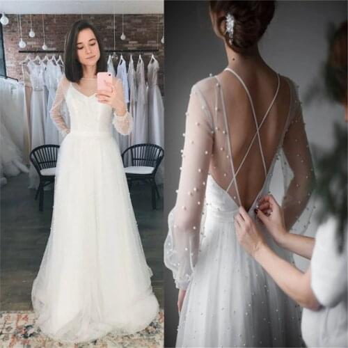 Sexy Scoop A-line Long Sleeves Pearls Beaded Tulle Wedding Dresses Criss Cross Back Bridal Gowns Spring Robe De Mariee