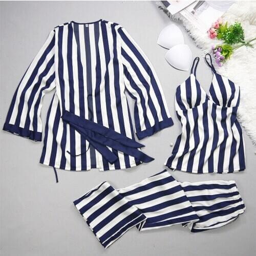 JULYS SONG Silk Pajamas Satin Chiffon Blue Stripe Pajamas Set Women Nightwear Girls Sleepwear Sets Spring Autumn Homewear