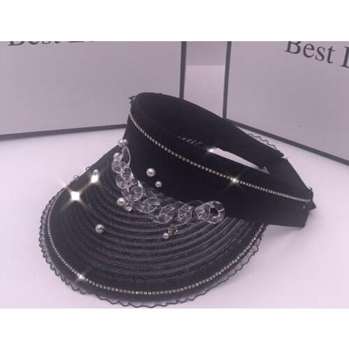 Summer new organza pearl diamond visors without top for women leisure shopping empty hat fashion beach sun hat