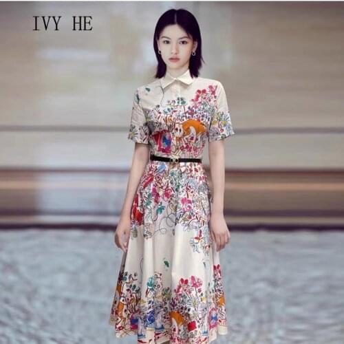 IVY HE High Quality Summer Dress Woman Clothing Printed Slim Lapel Short Sleeve Belt Midi Long Dress Traf Robe ZA Party Dresses