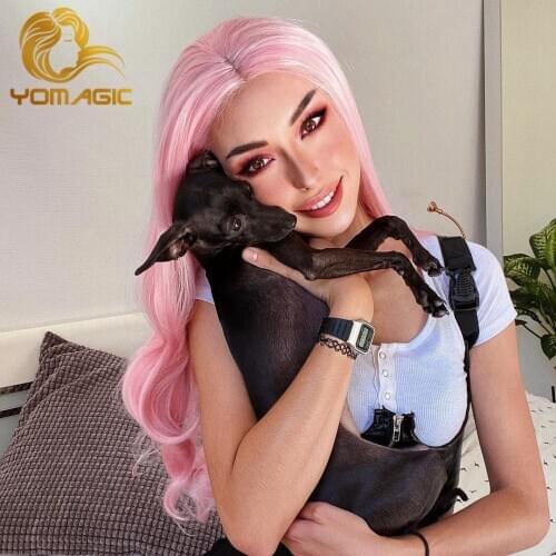 Yomagic Pink Color Synthetic Lace Front Wigs for Women Party Body Wave Heat Resistant Fiber Glueless Lace Wig with Baby Hair