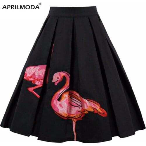Summer Midi Skirt 2018 Black Flamingos Printed Embroidery High Waist Faldas 50s Rockabilly Retro Party Jupe Vintage Skirt Women