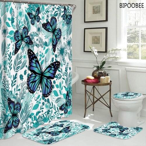 Butterfly Green Plants Printed Shower Curtain High Quality Bathroom Curtains Set Bath Mats Rugs Toilet Cover Non-slip Carpet
