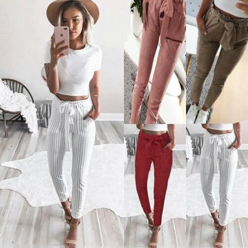 2019 Womens Striped Pants Capris High Waist Casual Drawstring Elastic Belt Long Pants Ladies Pencil Trousers
