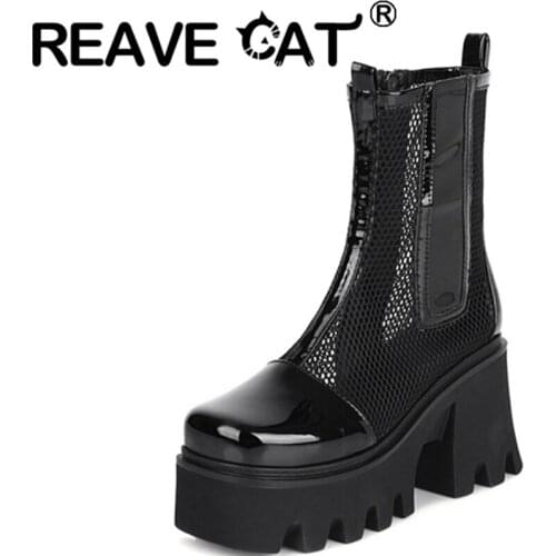 REAVE CAT 2021 Summer Cool Womens Boots Ankle Mesh Hollow Platforms Round Toe Zip 8CM High Thick Heel Sole Big Size 35-44 A4157