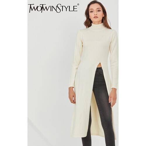 TWOTWINSTYLE Beige Slim Knitting Pullovers For Women Turtleneck Long Sleeve Front Slit Sweater Female 2021 Fall Clothing New