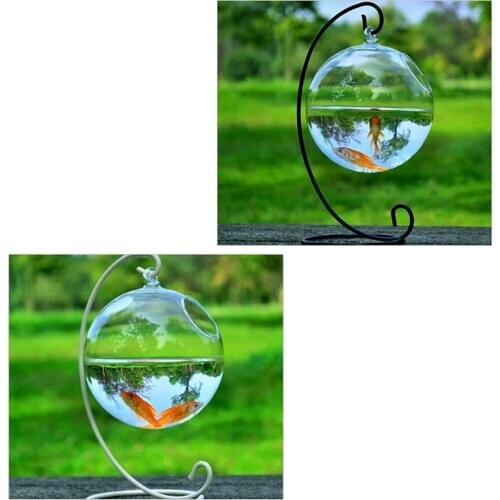 1Set Round Shape Hanging Glass Aquarium Fish Bowl Fish Tank Flower Plant Vase with 12cm Height Rack Holder Home Decoration New